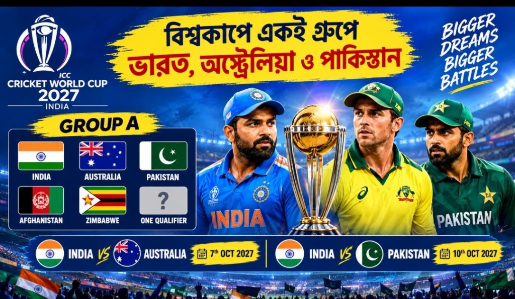 আগামী বছর বিশ্বকাপ ক্রিকেটে ভারতের গ্রুপে অস্ট্রেলিয়া ও পাকিস্তান
